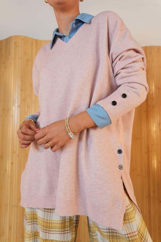 Elodie V Neck Button Knit Rose Marl